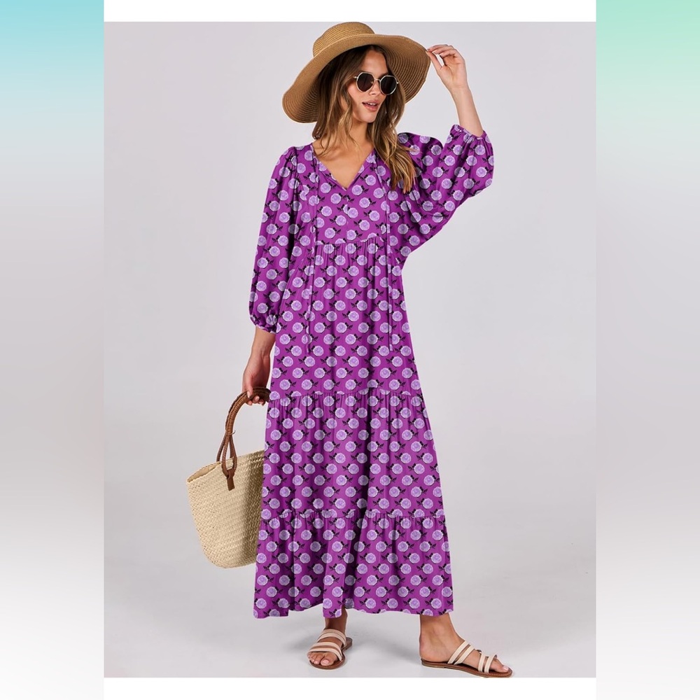 Womens Boho Maxi Dress V Neck Puff Sleeve Floral Flowy Swing Casual Long Dress